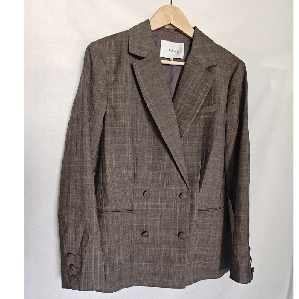 FRAME Blazer Double Breasted Wool Gray Tan Plaid Size 10 Relaxed Fit - Picture 3 of 14